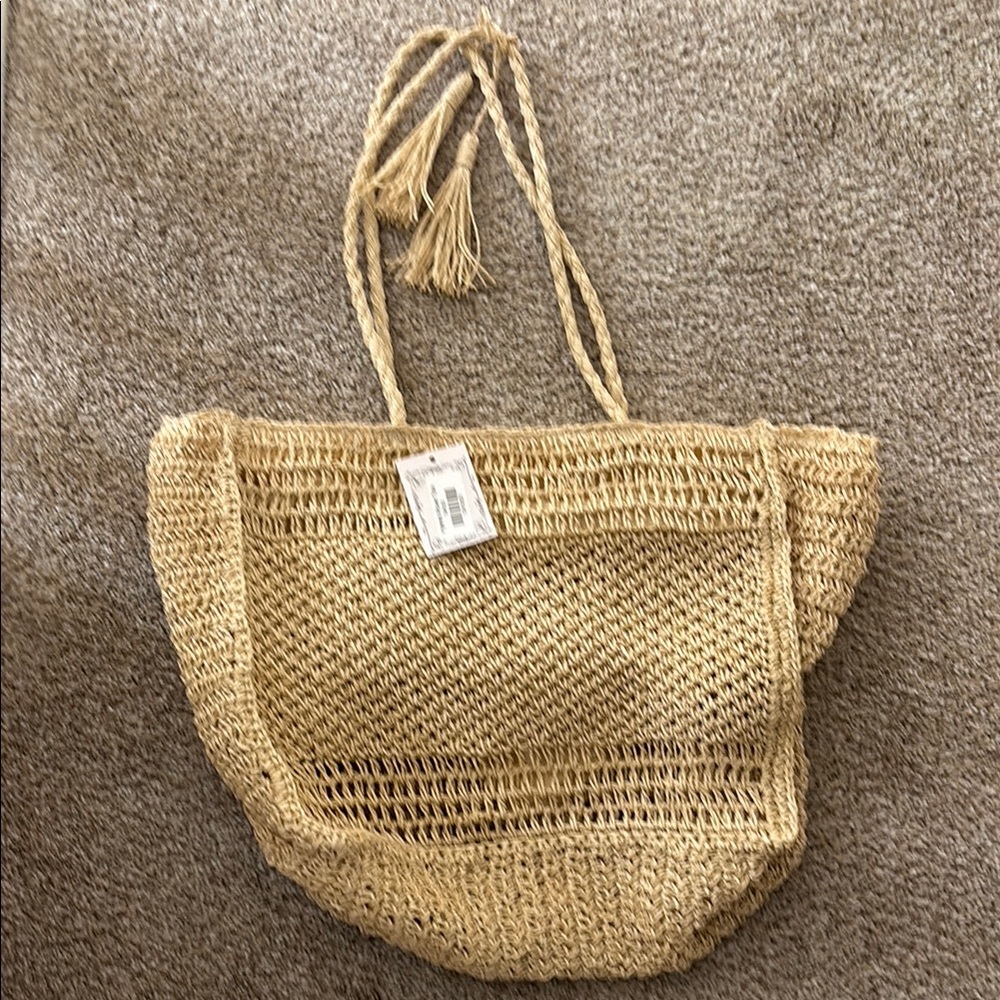 Tan Woven Tote Bag with Braided Handles